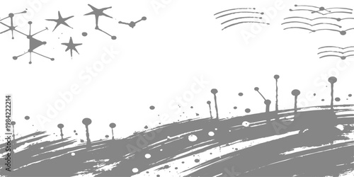 Abstract a minimalist monochrome illustration of abstract shapes and dots, evoking a sense of space and the cosmos, rendered in a striking grayscale palette.