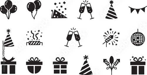 Black and white party celebration icons set