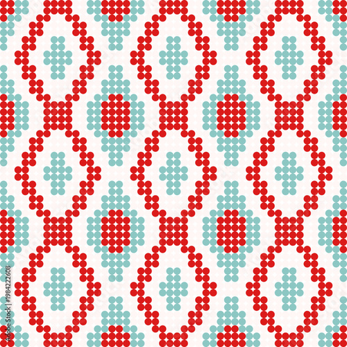 A cheerful geometric bead pattern with interconnected bright red diamonds and teal inner diamonds on a clean white background.