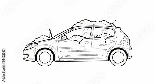 Hatchback car covered in snow, a frosty winter vehicle scene