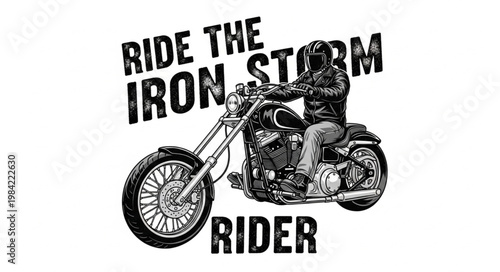Man riding a custom chopper motorcycle with text overlay.