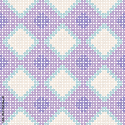 An intricate geometric mosaic tile pattern in a calming color palette of purple, lavender, light blue, and beige.