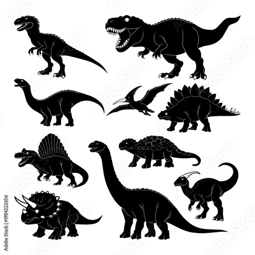 Collection of black dinosaur silhouettes featuring various prehistoric species, including theropods, sauropods, and flying reptiles, isolated on a light background.
