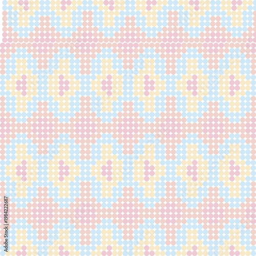 A delicate and charming mosaic pattern in a soft pastel color palette of pink, light yellow, and baby blue.