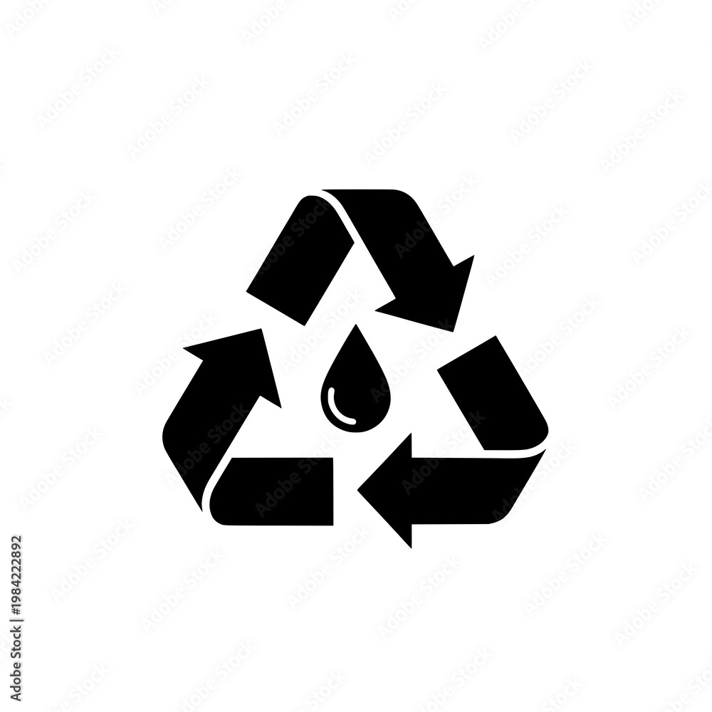 Obraz premium A black recycling symbol with a water droplet on a white background