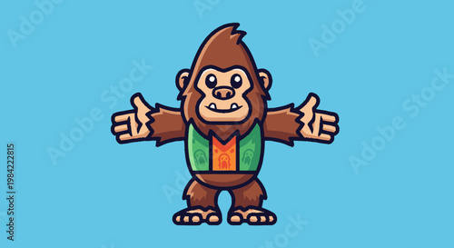 Cartoon bigfoot with open arms in a cheerful pose on blue background