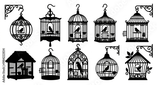 Collection of decorative birdcages, showcasing various ornate designs and silhouettes