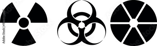 Three internationally recognized biohazard and radiation warning symbols displayed side by side