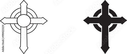 Gothic Celtic Christian cross with nimbus ring silhouette and outline icon for religious designs.