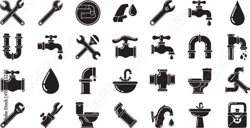 Plumbing tools and icons in black and white