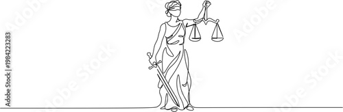 Continuous line aContinuous line drawing of Lady Justice holding scales and sword. Blindfolded Themis goddess of law and legal system minimalist illustration.rawing of La...