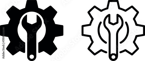 Two contrasting gear and wrench icons with different visual styles