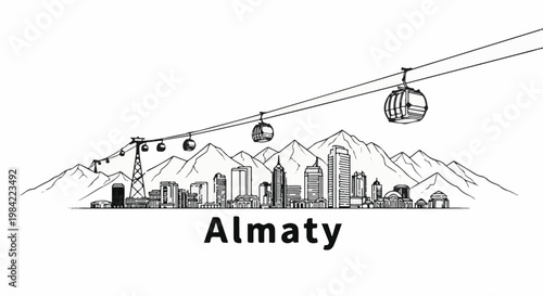 Hand-drawn city skyline with mountains and cable cars