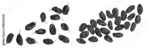 Black raisin isolated on white background . Top view with copy space for your text. . Flat lay