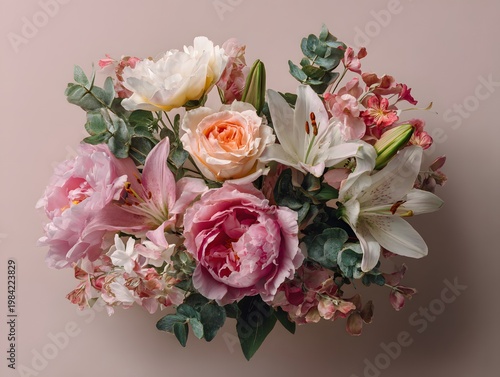 Top View Mixed Flower Bouquet with Roses Peonies and Lilies on Soft Pastel Background Flat Lay Floral Arrangement with Copy Space