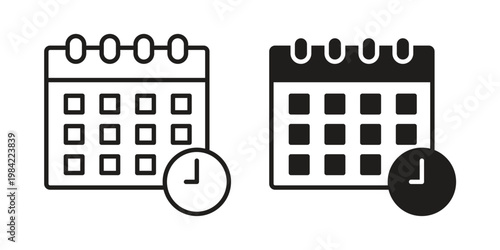 Calendar clock icon simple black and white line and clip art illustrations