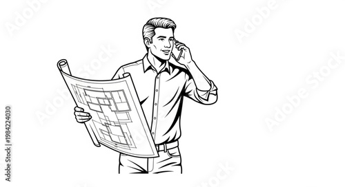 Man Reading Newspaper and Talking on Phone.