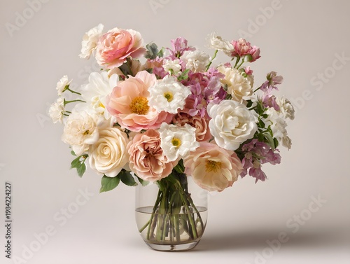 Pastel Floral Arrangement in Glass Vase with Visible Stems Elegant Studio Flower Bouquet on Soft Neutral Background Luxury Wedding Decor Image