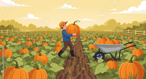 Vector illustration of a young boy carrying a large orange pumpkin in a vast farm field during the autumn harvest season with a wheelbarrow and many pumpkins in the background.