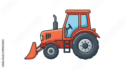 Red tractor illustration featuring a front loader bucket attachment, large heavy-duty tires, a glass-enclosed driver cabin, and exhaust pipe, isolated on a white background.