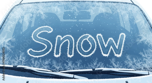 Vector illustration of a car windshield covered in intricate frost patterns and ice crystals with the word Snow written on the glass, showing wipers and interior vehicle seats.