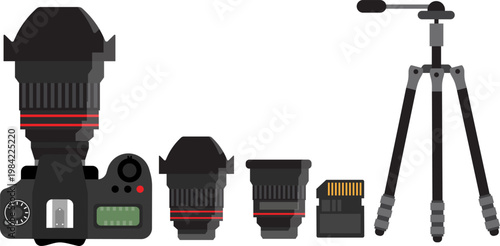 Photography equipment set with DSLR camera lenses tripod and memory card flat illustration
