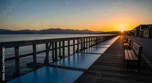 Sunset over the pier with benches and calm water reflecting the skys colors.