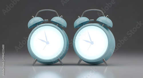 Two illuminated blue alarm clocks side by side on a reflective surface.