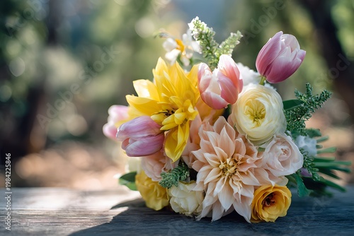 Vibrant Spring Flower Bouquet with Tulips Dahlias and Roses in Natural Sunlight Outdoor Floral Arrangement with Soft Background and Shallow Depth of Field