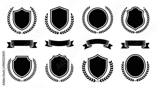 Heraldic Shield Silhouette Vector Set Laurel Wreaths and Ribbon Banner Emblems
