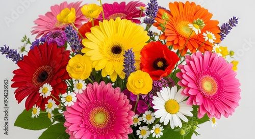 Vibrant Bouquet of Colorful Gerbera Daisies and Other Flowers, a Stunning Floral Arrangement.