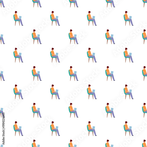 People sitting on chairs using laptops, working remotely in a repeated pattern