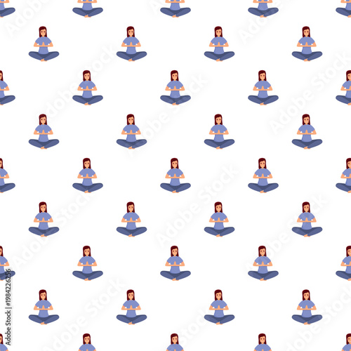 Woman meditating in a seated lotus position creating a repeating seamless illustration pattern