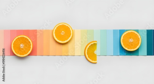 Vibrant Orange Slices Arranged on a Colorful Spectrum Background for Creative Design.
