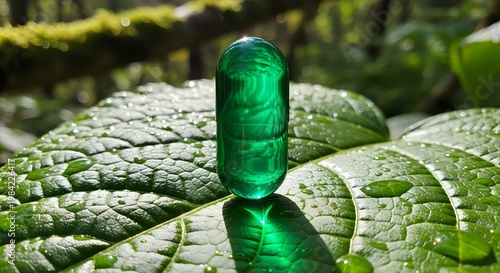 Vibrant Green Capsule Resting on Lush Green Leaf with Water Droplets.