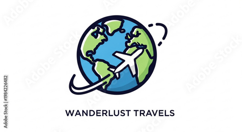 Wanderlust travel logo with airplane circling globe on white background