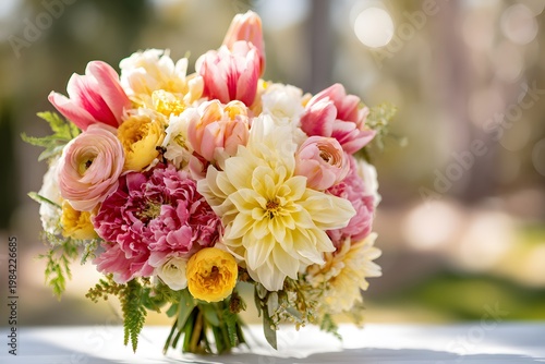 Vibrant Spring Flower Bouquet with Tulips Dahlias and Roses in Natural Sunlight Outdoor Floral Arrangement with Soft Background and Shallow Depth of Field