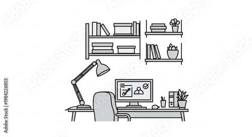 Home office workspace with desk chair computer lamp bookshelves and plants for productivity and comfort