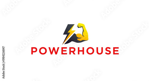 Bold yellow flexed arm with lightning bolt logo on red powerhouse text