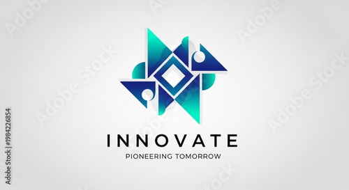 Innovate logo with geometric design and pioneering tomorrow slogan on gray background