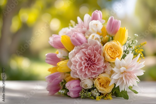 Vibrant Spring Flower Bouquet with Tulips Dahlias and Roses in Natural Sunlight Outdoor Floral Arrangement with Soft Background and Shallow Depth of Field
