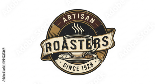Vintage coffee roasters logo with steaming cup and banner on saucer artisan since 1928