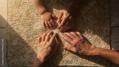 Overhead flat lay of diverse multigenerational hands gently touching a textured heirloom quilt, warm diffused light