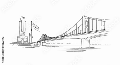 Majestic suspension bridge with a monument and flags beside a tranquil river