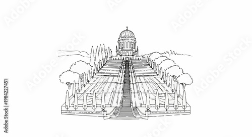 Majestic terraced gardens lead to a grand domed building with surrounding trees