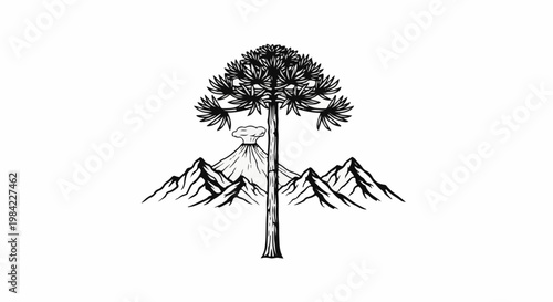 Majestic tree centered before volcanic mountains