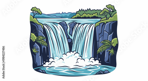 Majestic twin waterfalls cascade down rocky cliffs surrounded by lush greenery