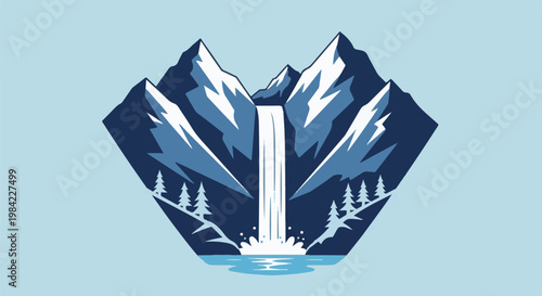 Majestic waterfall cascades down snow-capped mountains into a serene lake