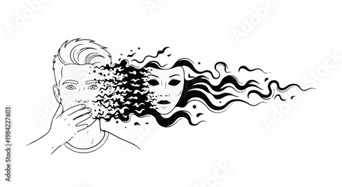 Male face dissolves into a theatrical mask with flowing hair