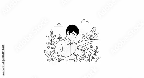 Man engrossed in reading a book amidst lush foliage and rolling hills under clouds